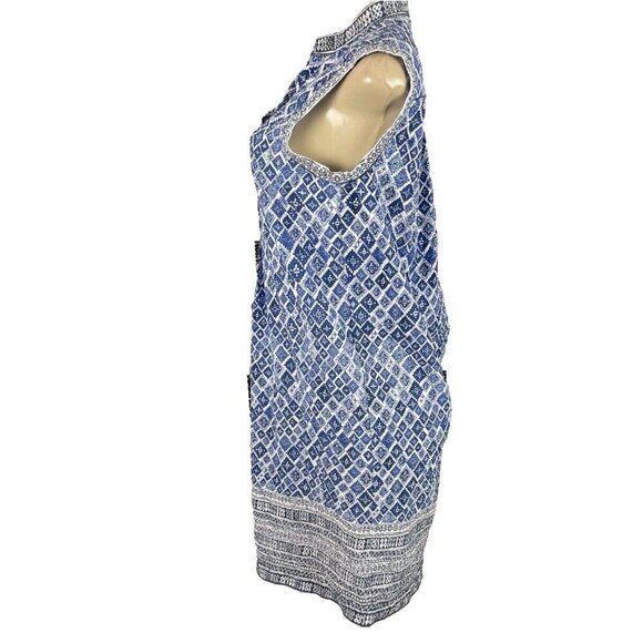 Studio M S Blue Geometric Print Split Neckline Mandarin Collar Sleeveless Dress - Picture 3 of 6